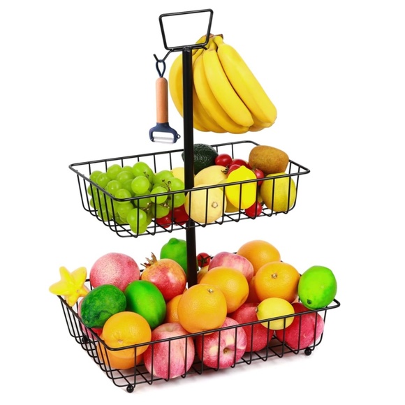 2-Tier Fruit Basket with Banana Hanger, Fruit Bowl for Kitchen Counter - Picture 1 of 8